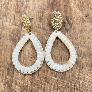 Iridescent White Beaded Tear Drop Hanging Gold Tone Studded Earrings